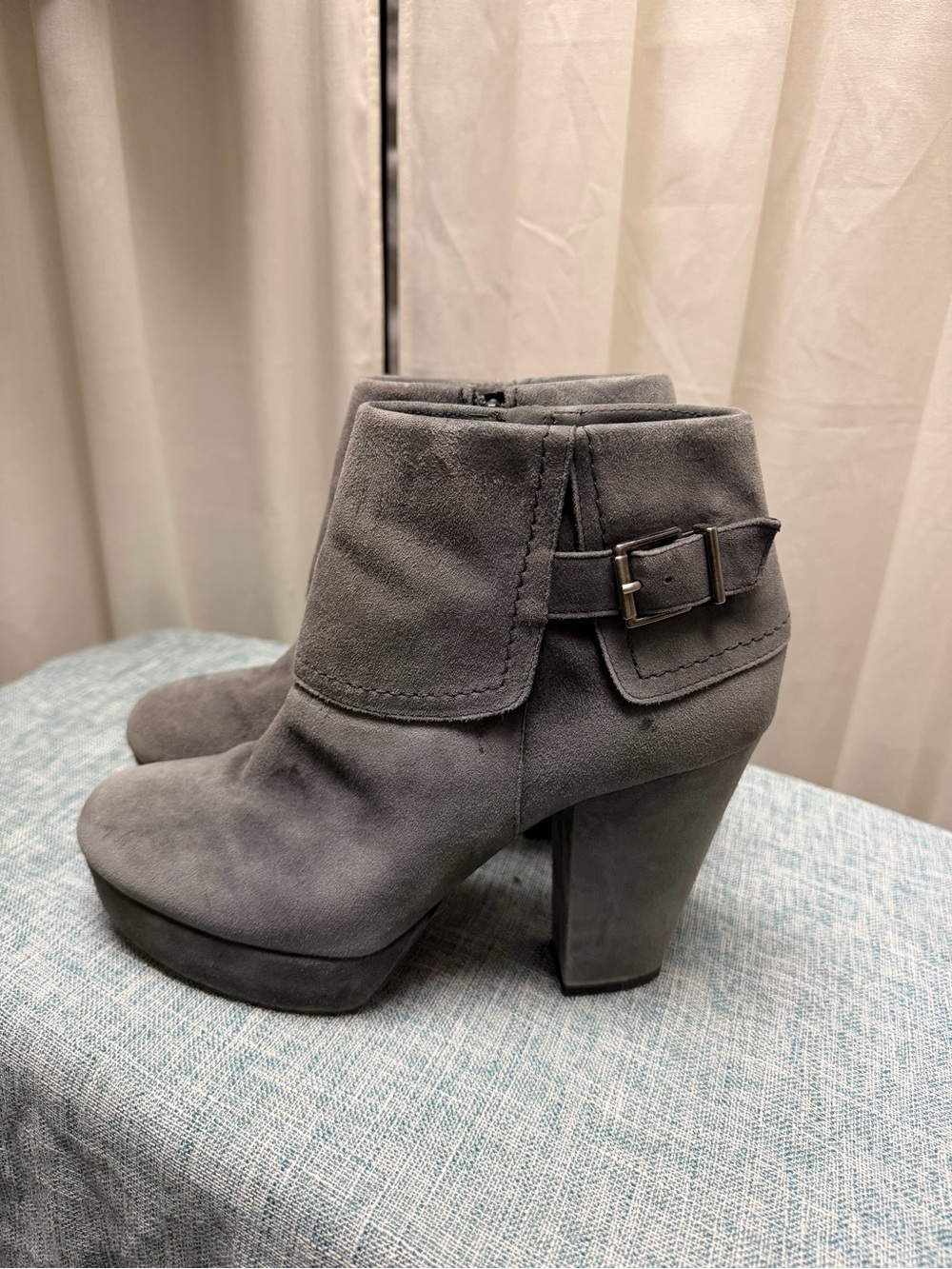 Gianni Bini Gray Suede Platform Ankle Booties with Buckle Detail